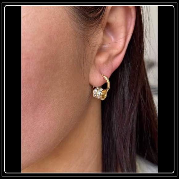 NEW GOLD SIMULATED BAGUETTE DIAMOND "BELOVED" LUCKY WHEEL HOOP EARRINGS - Picture 6 of 6